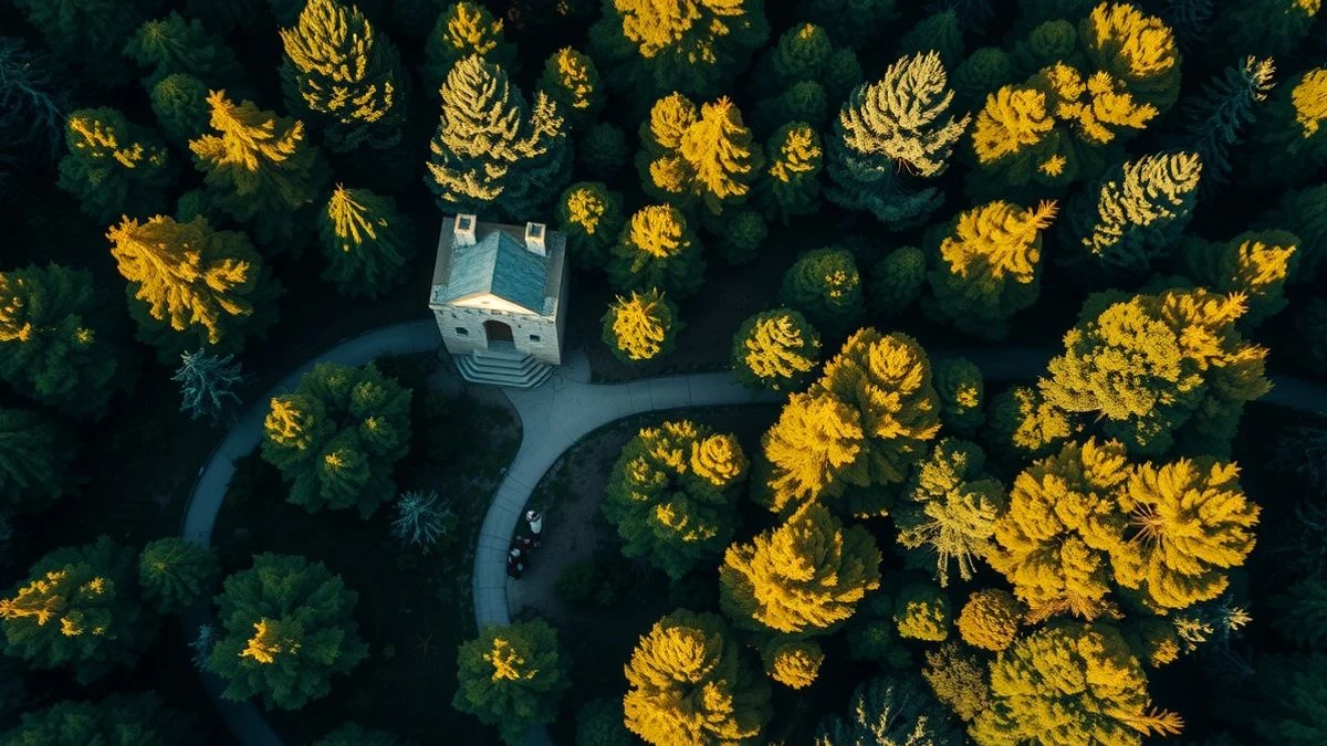 Imagen ilustrativa: vista cenital de un sendero peatonal sinuoso entre pinos mediterráneos con una pequeña ermita blanca al fondo
