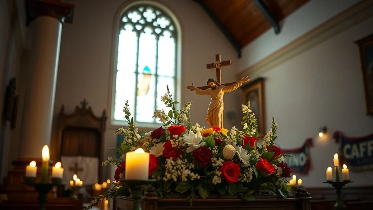 Imagen ilustrativa: estatua del Cristo de la Verónica en un paso con flores y velas en una ermita.