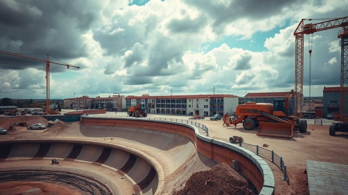 Imagen ilustrativa: vista aérea de una obra con maquinaria junto a un cauce seco y urbanización