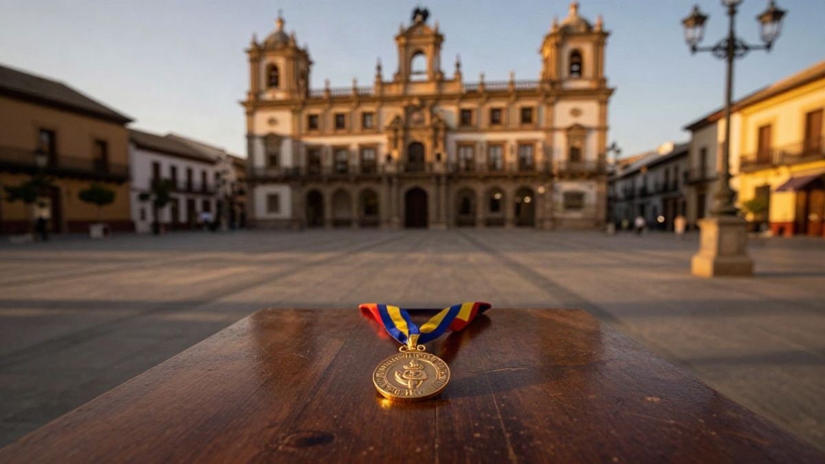 Imagen ilustrativa: una medalla sobre una mesa en una plaza municipal al atardecer
