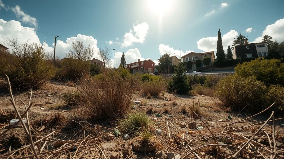 Imagen ilustrativa: terreno abandonado con maleza seca y basura, al fondo se ven viviendas y cielo despejado de verano.