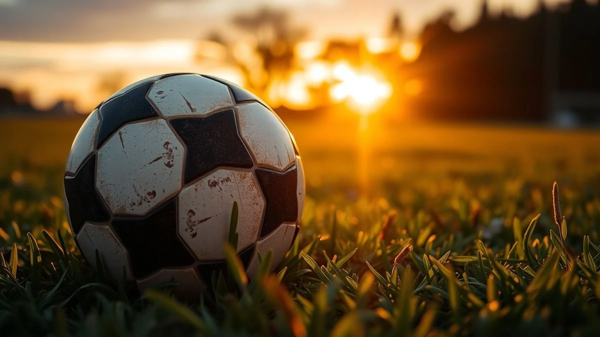 Imagen ilustrativa: un balón de fútbol sobre el césped al atardecer, con una portería desenfocada al fondo.