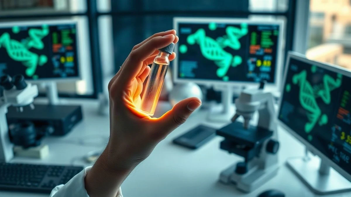 Illustrative image: hands with a laboratory vial and a microscope in the background, in a scientific research setting.
