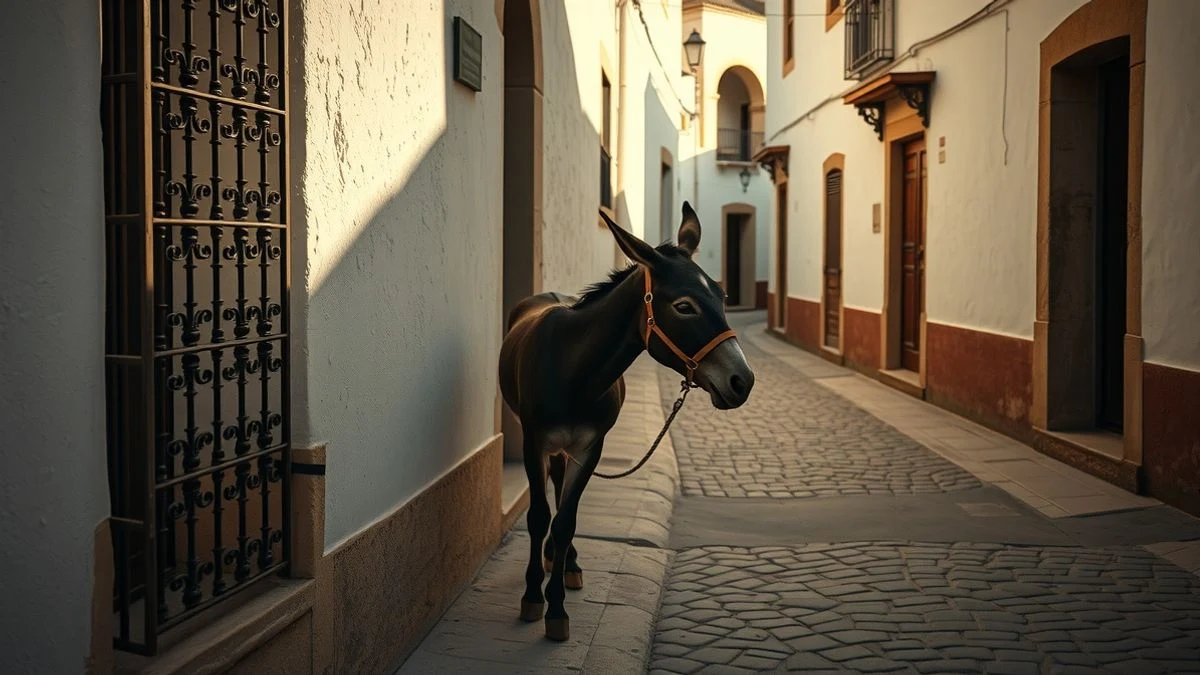 Imagen ilustrativa: un burro atado a una reja en una calle andaluza de pueblo, con luz cálida de atardecer.