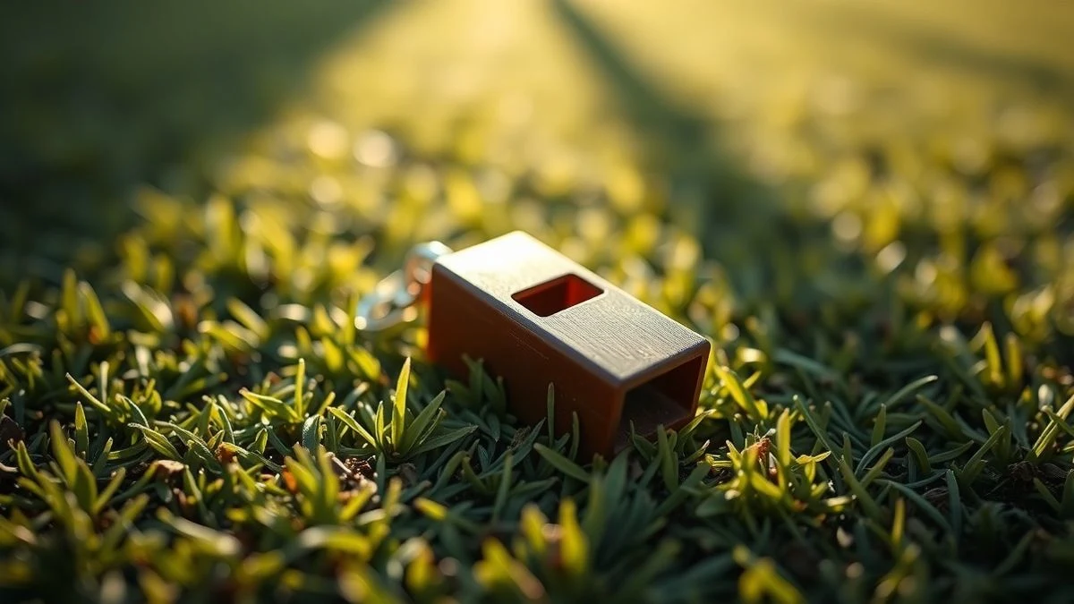 Illustrative image: a wooden sports whistle on green grass with sunset light