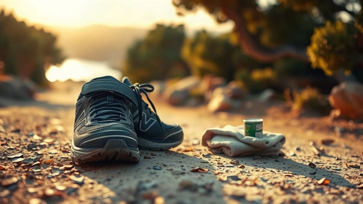 Imagen ilustrativa: zapatillas deportivas sobre un sendero de tierra al atardecer, con alimentos y ropa junto a ellas.