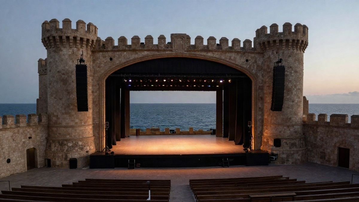 Illustrative image: outdoor stage next to a coastal castle at sunset