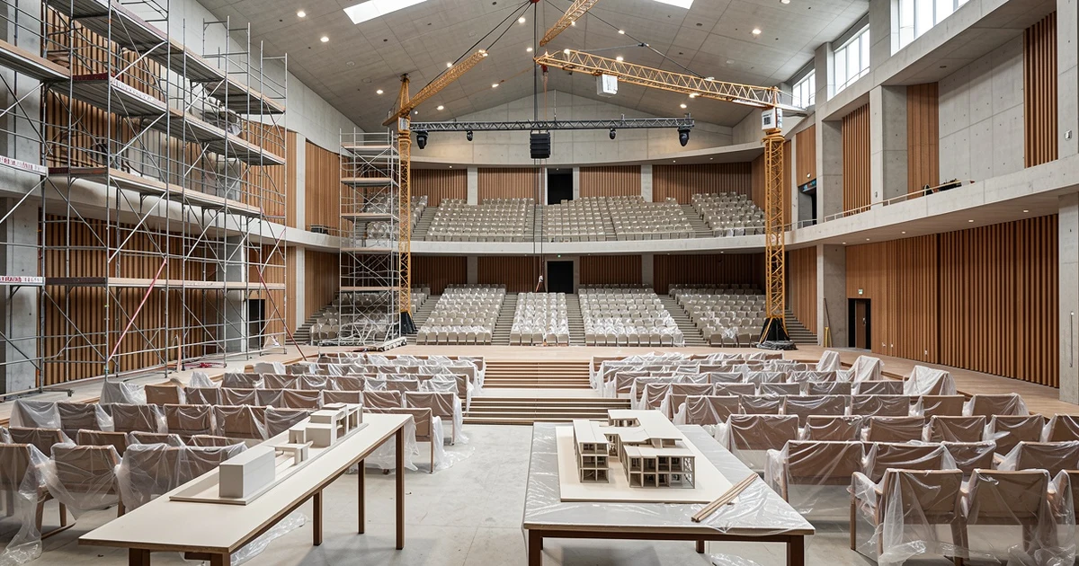Maqueta del Auditorio de Málaga con grúas y andamios de fondo