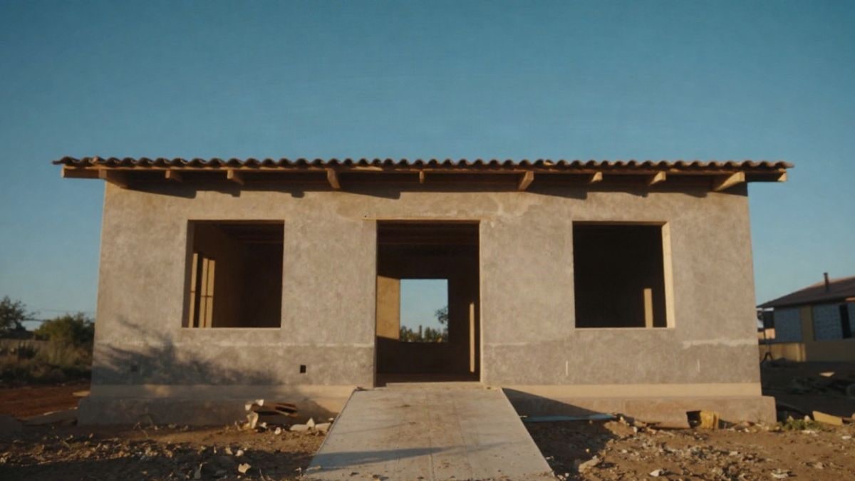 Imagen ilustrativa: ángulo bajo de una casa rural en construcción con rampa de acceso y cielo despejado
