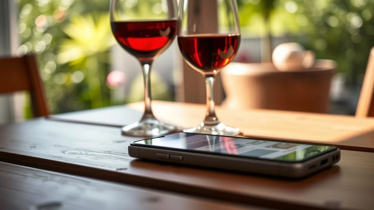 Imagen ilustrativa: una mesa de madera con una copa de vino y un móvil con una noticia, fondo de jardín desenfocado