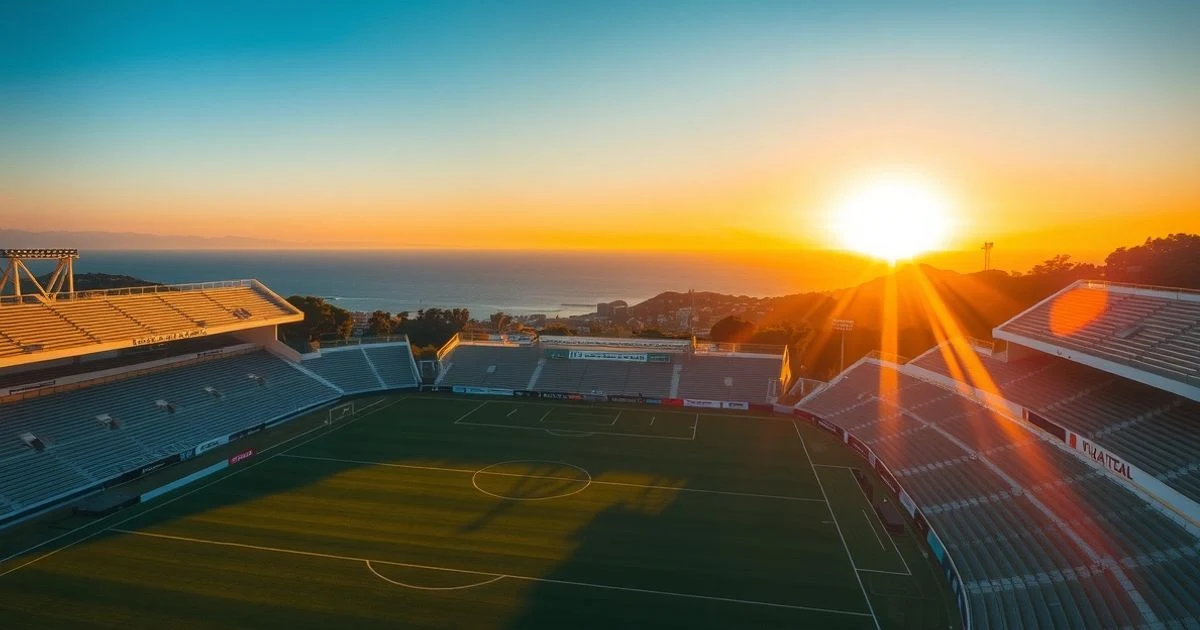 Vista aérea de un estadio de fútbol vacío en Marbella al atardecer, con el mar Mediterráneo al fondo