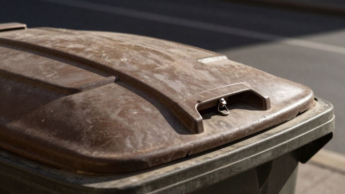 Illustrative image: detail of the brown lid of a waste container with a metal lock