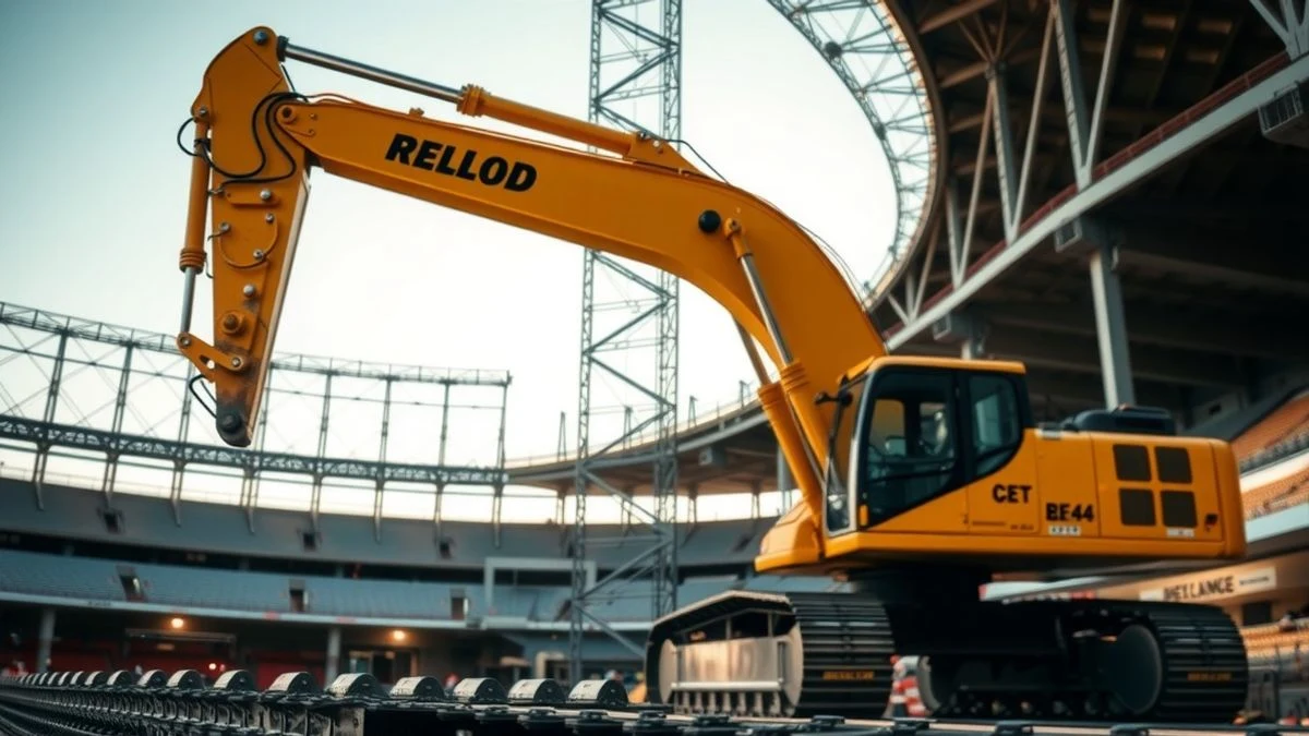 Obras del estadio de atletismo de Nueva Andalucía con maquinaria pesada y estructura metálica