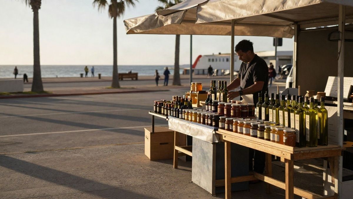 Imagen ilustrativa: puesto de mercado al aire libre con productos artesanales y un vendedor al fondo
