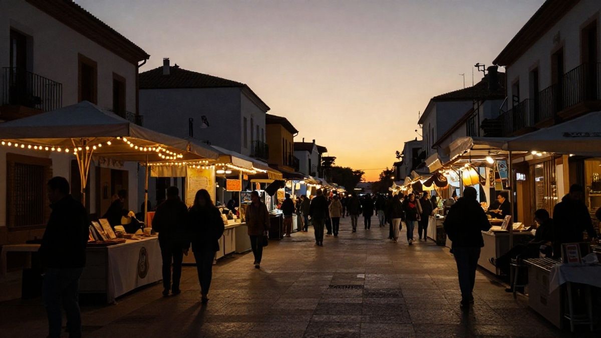 Imagen ilustrativa: puestos de un mercado al aire libre iluminados al atardecer