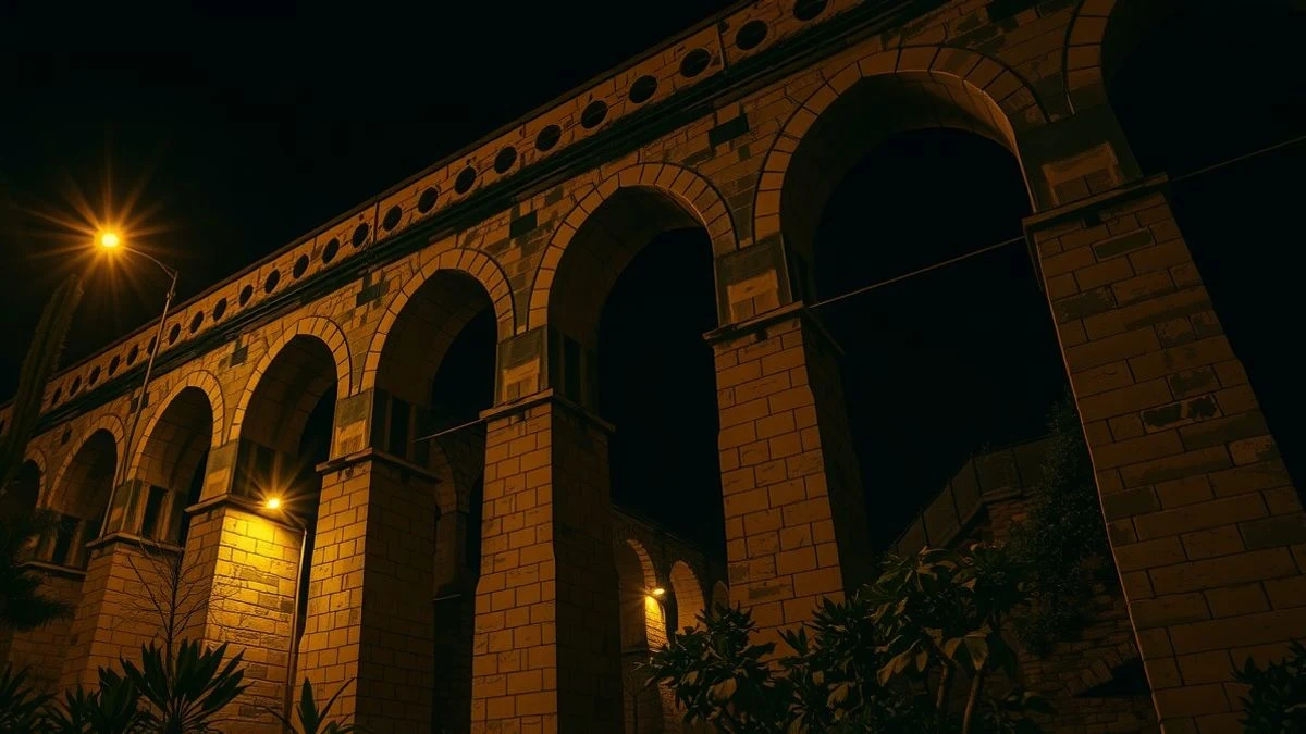 Acueducto de piedra iluminado por farolas por la noche, con arcos y vegetación.