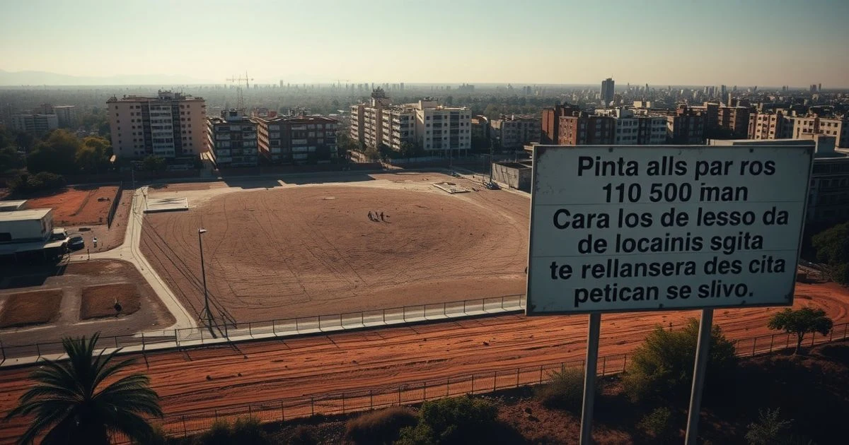Vista aérea de un terreno vacío con caravanas dispersas y un cartel informativo en primer plano, en Sacaba, Málaga.