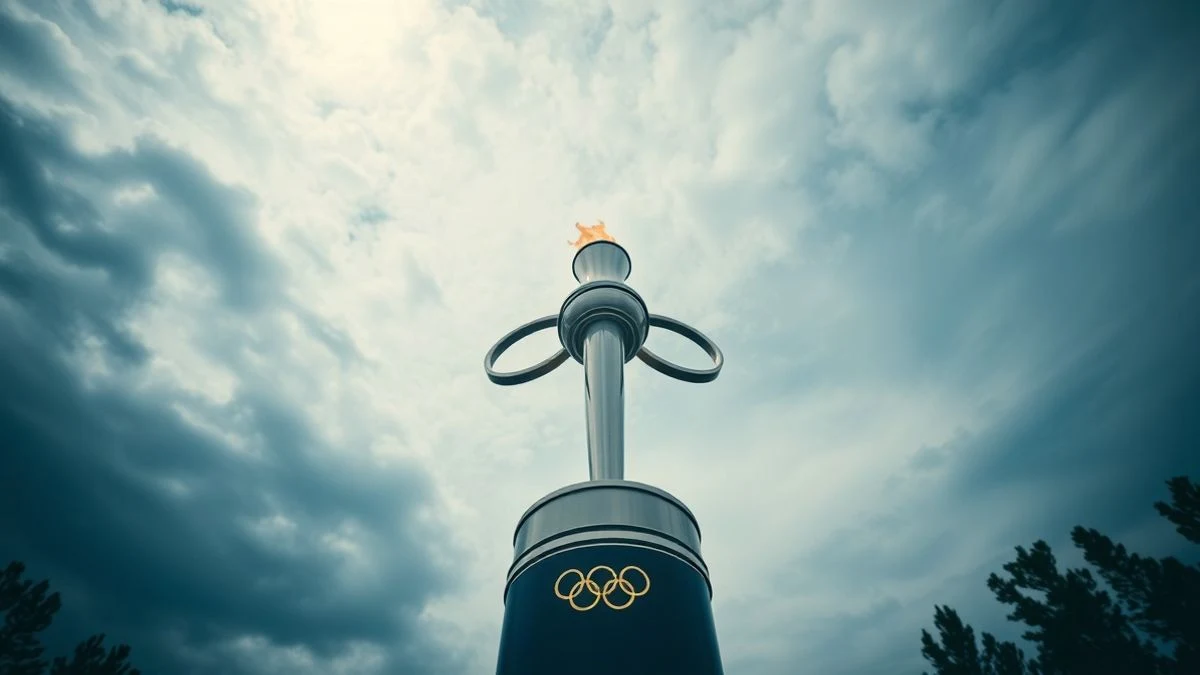 Réplica de antorcha olímpica sobre pedestal con cielo de fondo