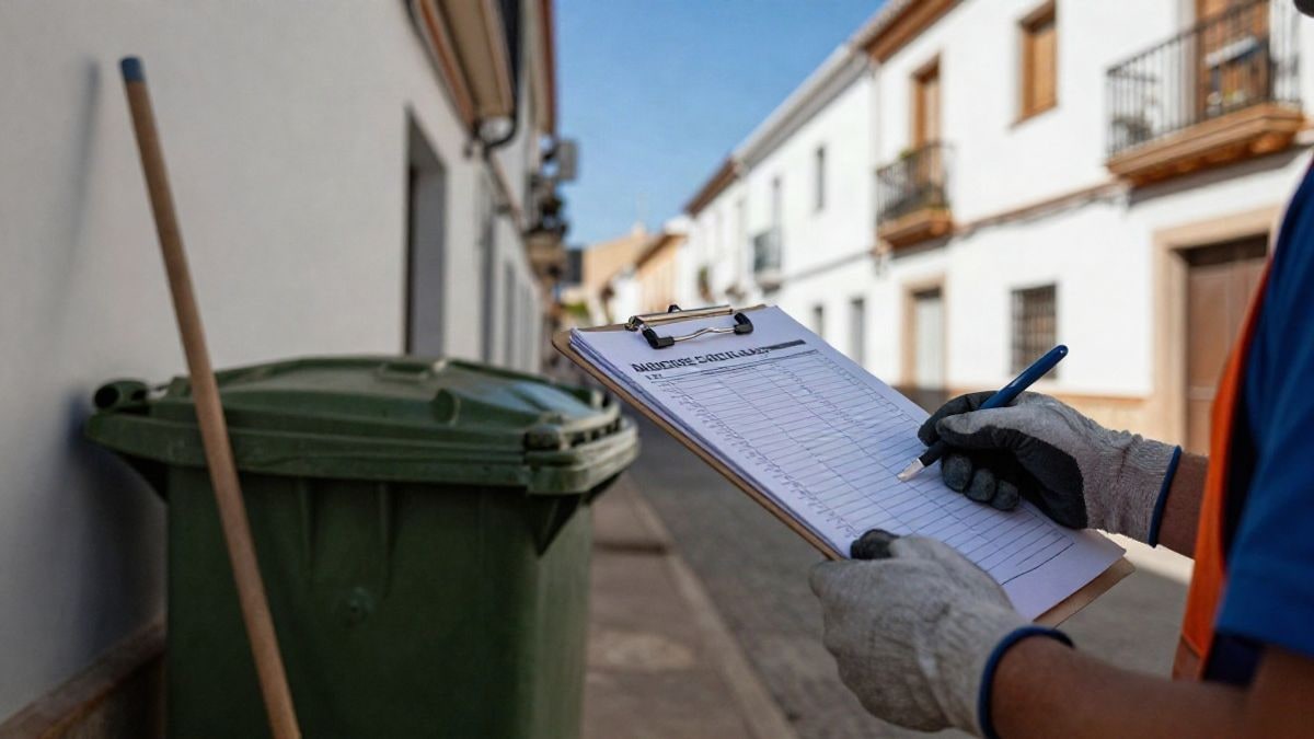Imagen ilustrativa: mano enguantada sosteniendo una tabla con lista de verificación junto a un contenedor y una escoba en una calle de pueblo andaluz.