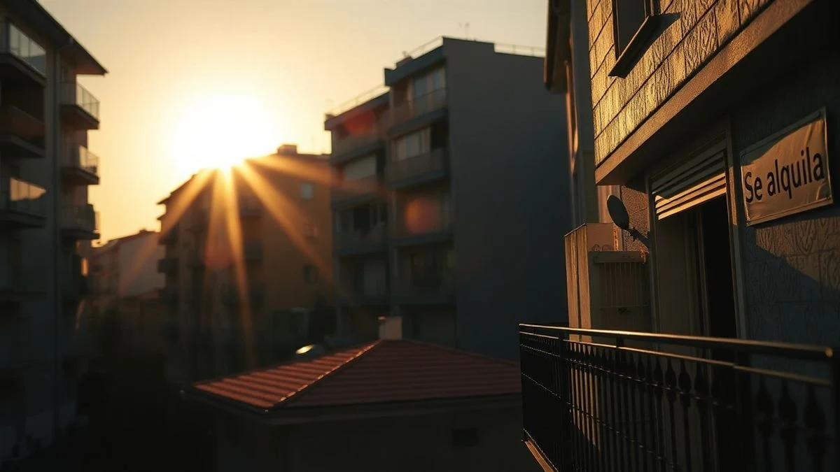 Residential buildings at sunset with a 'For rent' sign on a balcony