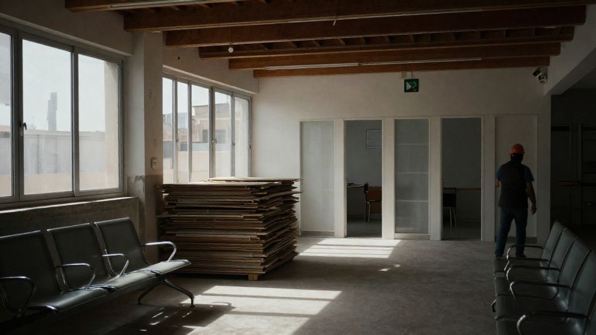 Imagen ilustrativa: interior de un centro de salud en obras con luz lateral entrando por los ventanales
