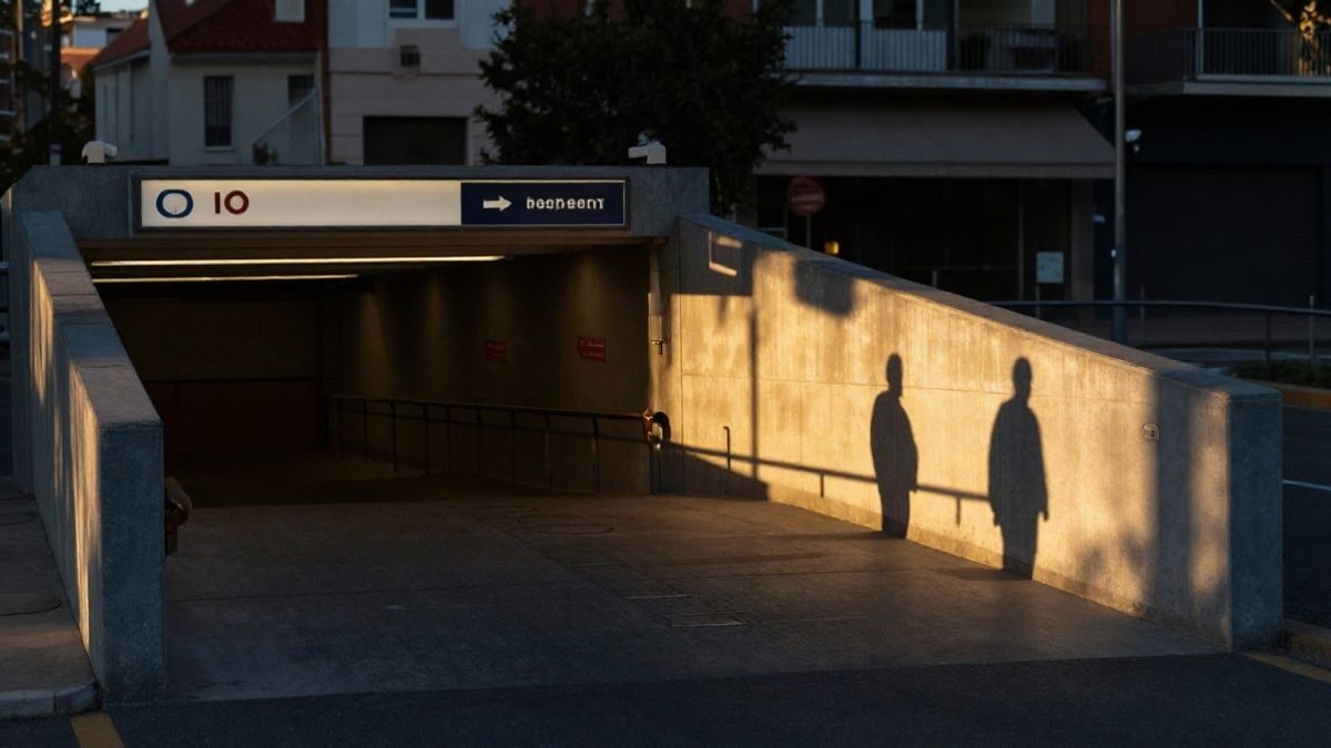 Illustrative image: access ramp to a modern underground parking lot at sunset
