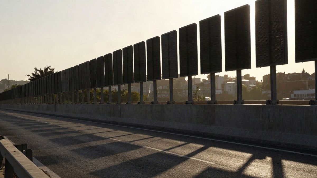 Imagen ilustrativa: pantallas acústicas de una carretera al atardecer con sombras largas sobre el asfalto