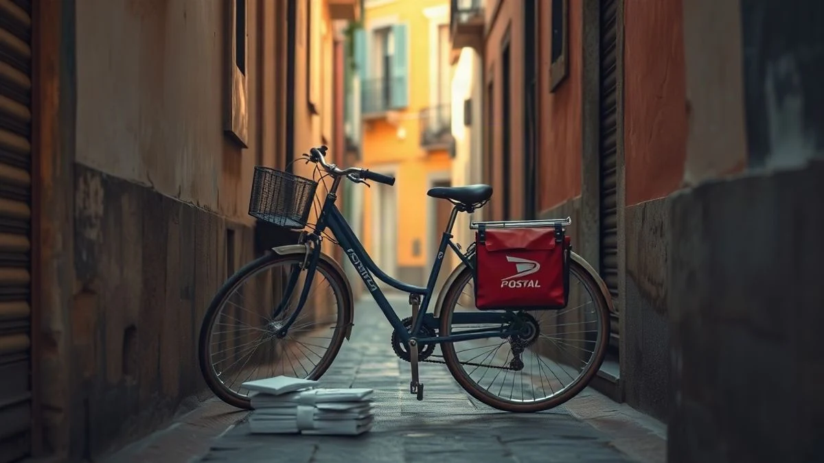 Illustrative image: postal delivery bicycle with letters and packages on a Spanish street