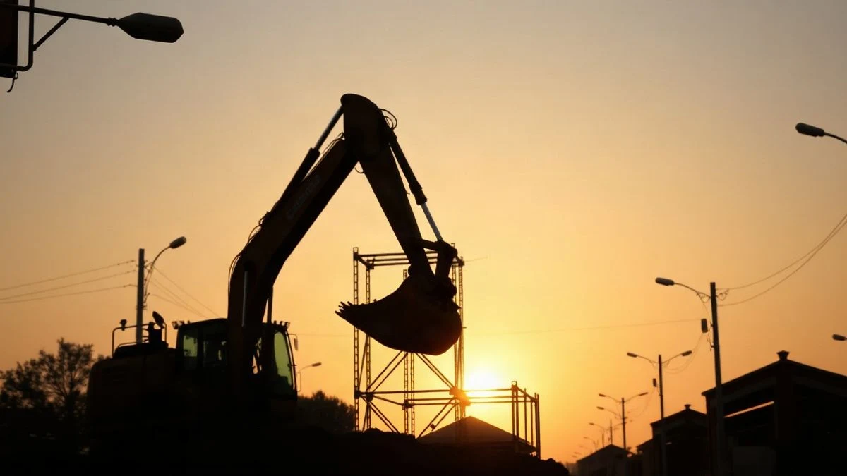 Imagen ilustrativa: una excavadora y andamios en una calle en obras, con el cielo de fondo al atardecer