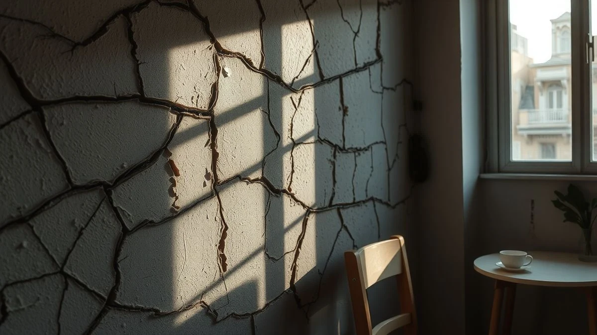 Grietas en una pared interior de una vivienda con luz de ventana lateral