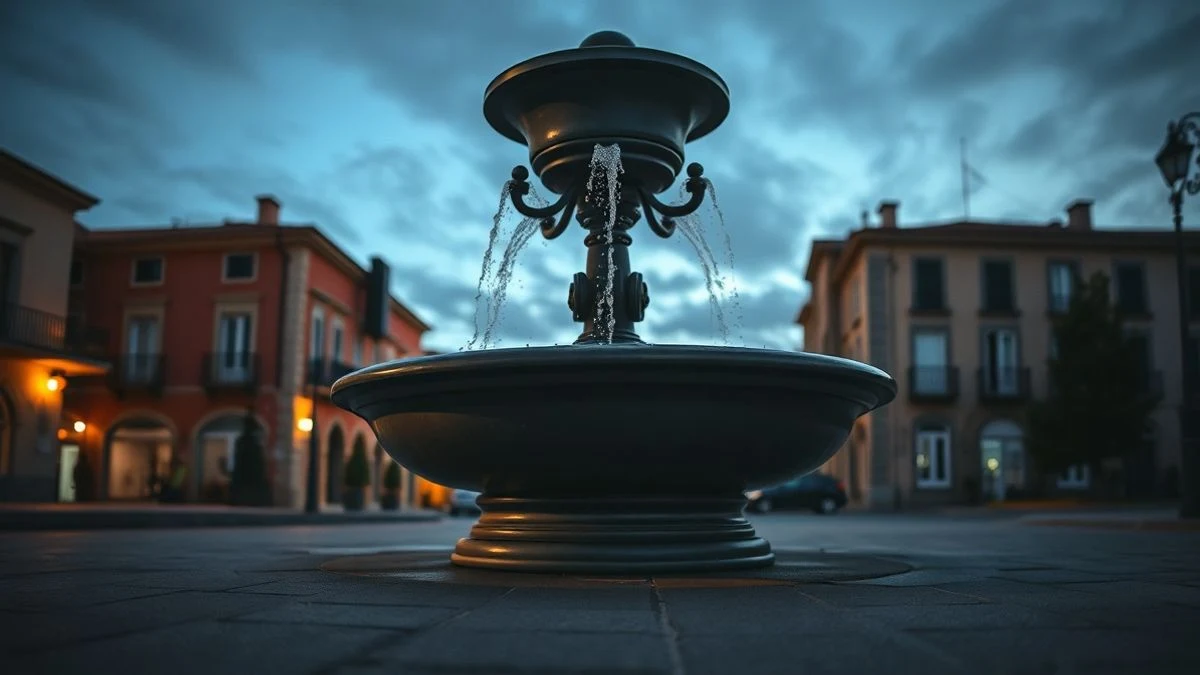 Illustrative image: dry ornamental fountain in a cobbled square at sunset, with the sky in the background.