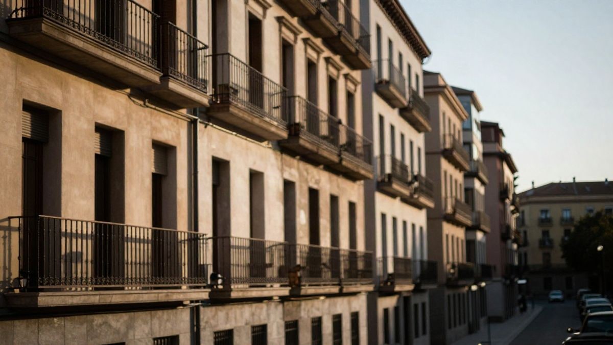 Imagen ilustrativa: fachadas de edificios de viviendas en una ciudad española con luz de atardecer