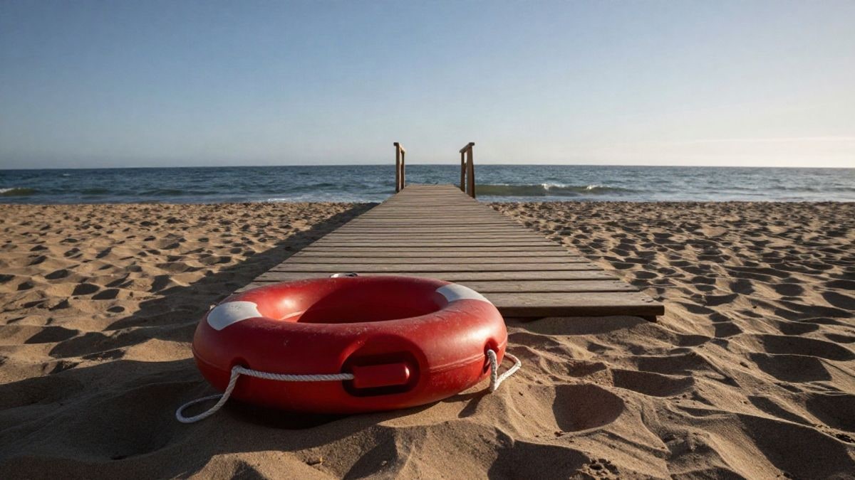Imagen ilustrativa: pasarela de madera en una playa con un salvavidas rojo sobre la arena y el mar al fondo