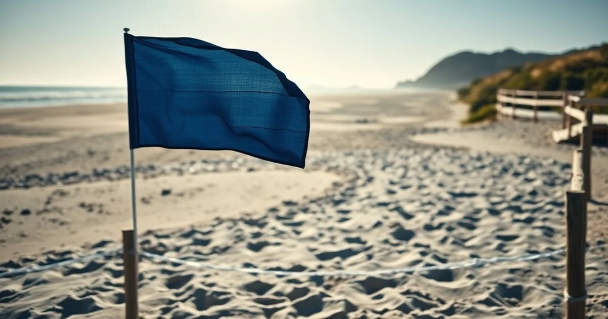 Playa de Marbella con bandera azul ondeando al viento y paseo marítimo de fondo