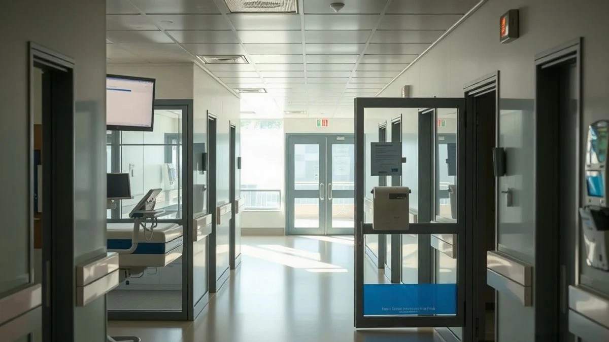 Imagen ilustrativa: pasillo interior de un hospital moderno con luz natural lateral y puertas de consultas.