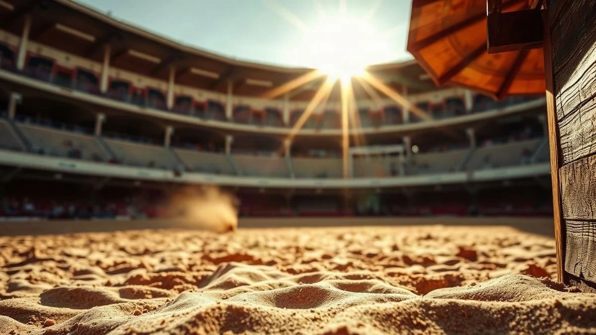 Imagen ilustrativa: detalle de la barrera de madera de una plaza de toros con la arena al fondo