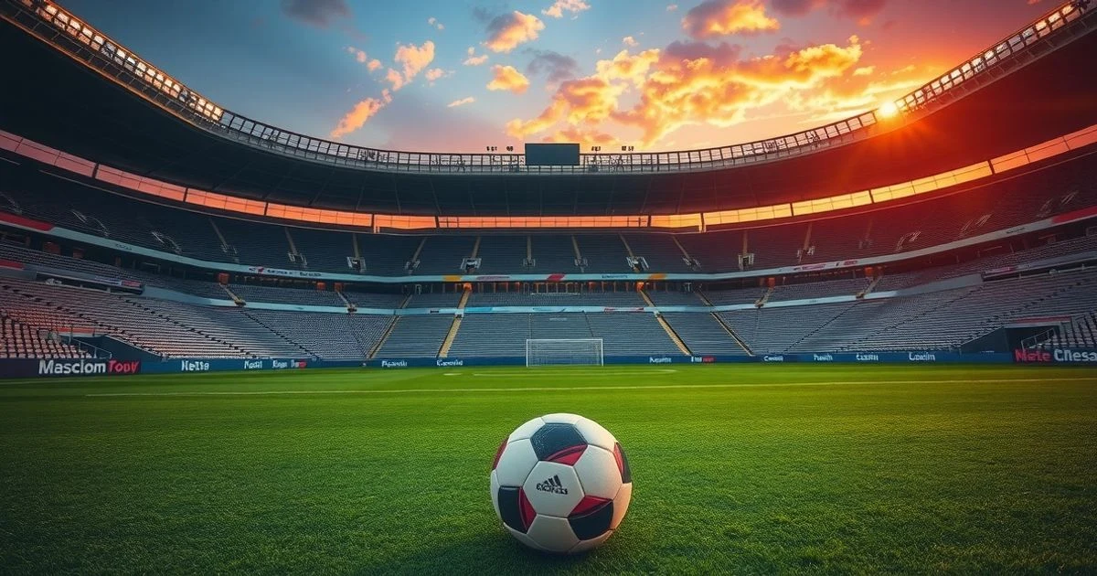 Estadio de fútbol vacío al atardecer con un balón en el césped