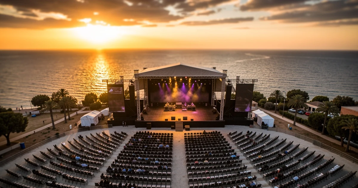Vista aérea del recinto Marenostrum Fuengirola al atardecer, con el escenario vacío y el mar de fondo