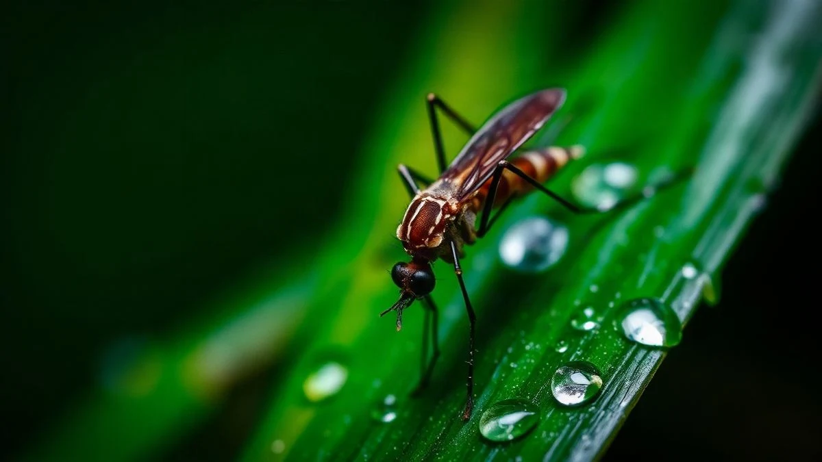 Illustrative image: close-up of a mosquito resting on a leaf with water droplets