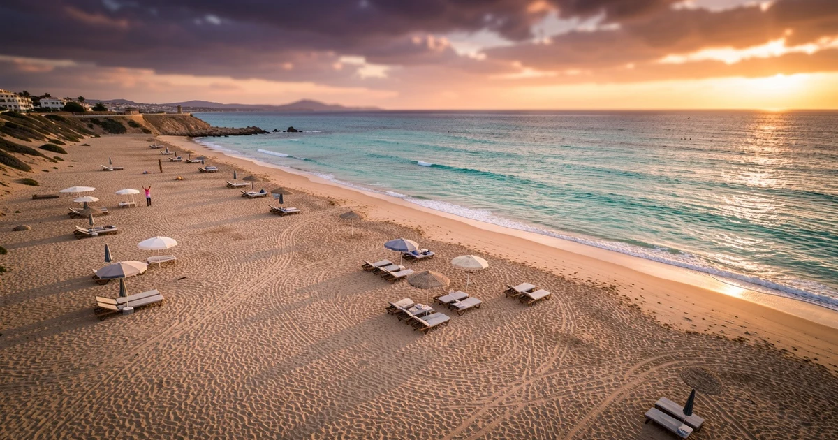 Aerial view of a beach with a blue flag waving and empty sun loungers at sunset