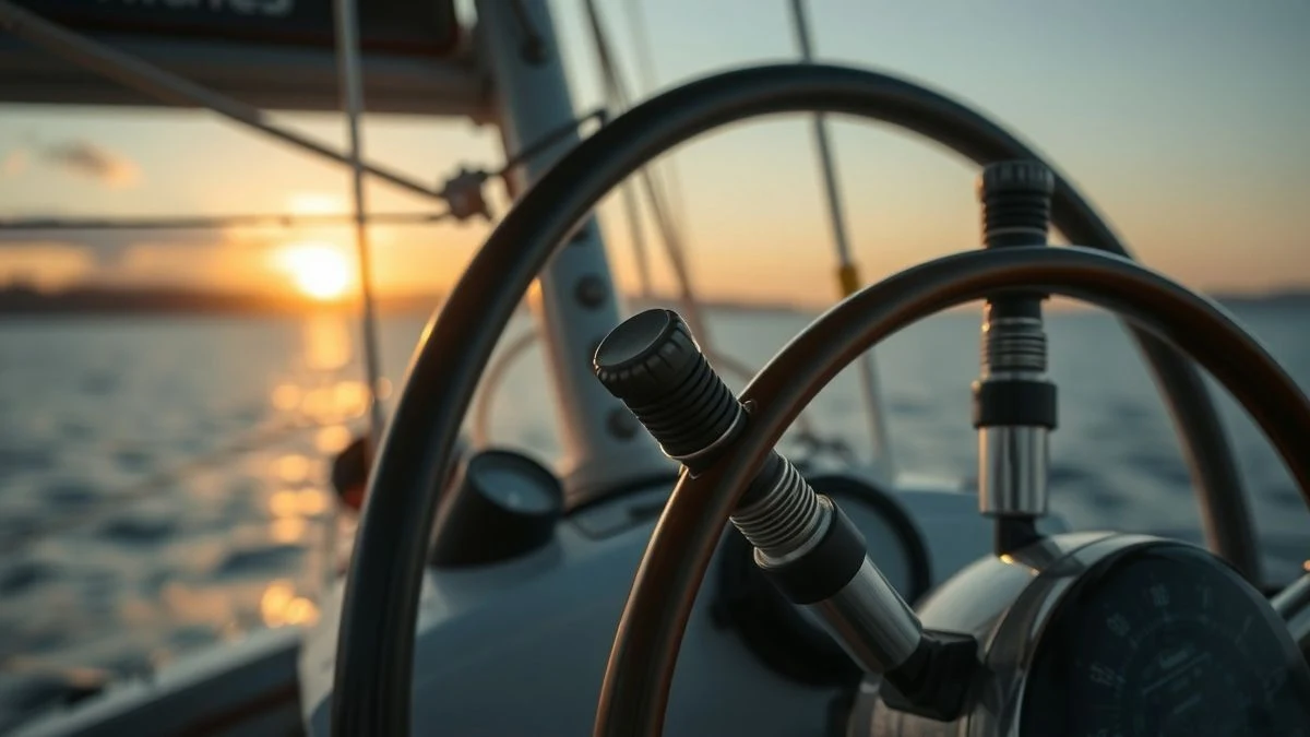 Close-up of a boat's steering wheel with navigation instruments, blurred sea and sunset in the background
