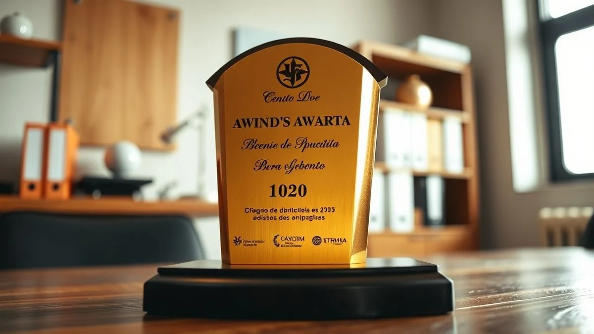 Imagen ilustrativa: placa dorada de premio sobre una mesa de madera, con luz natural suave y fondo desenfocado
