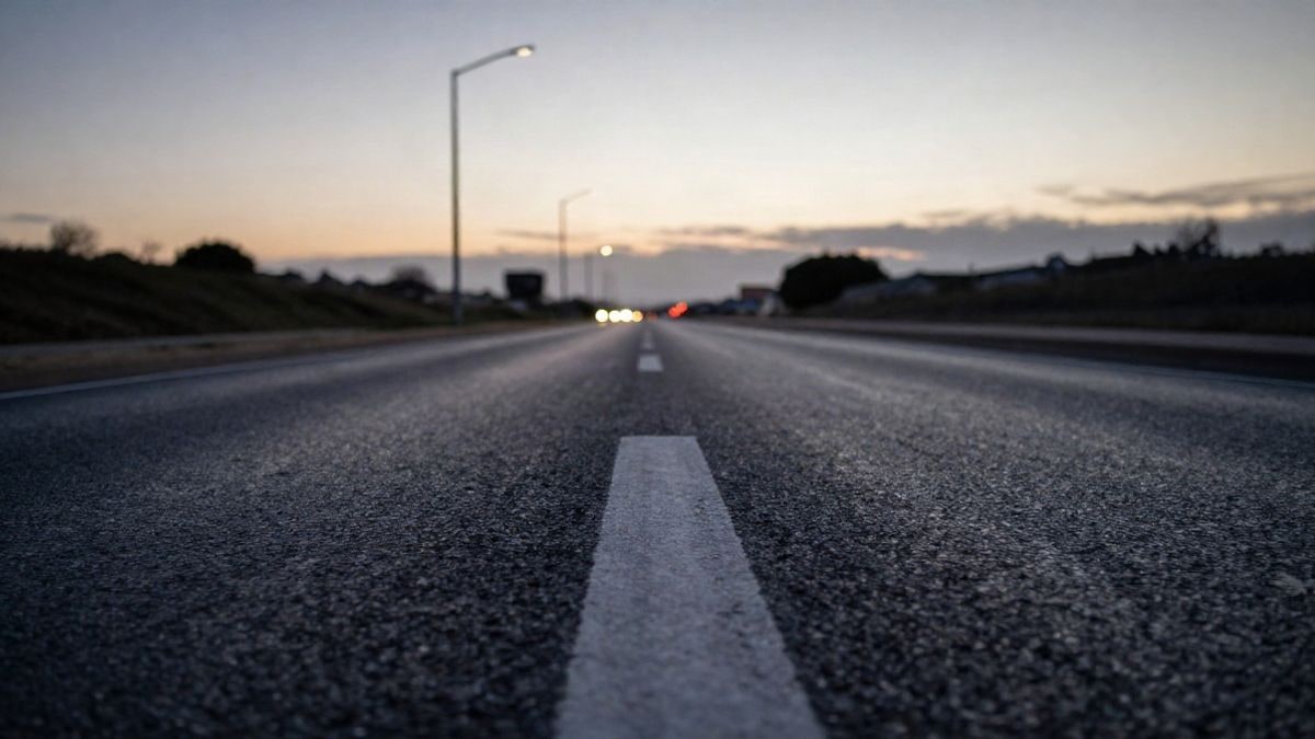 Illustrative image: wet road with lane markings and sky at dawn from a low angle