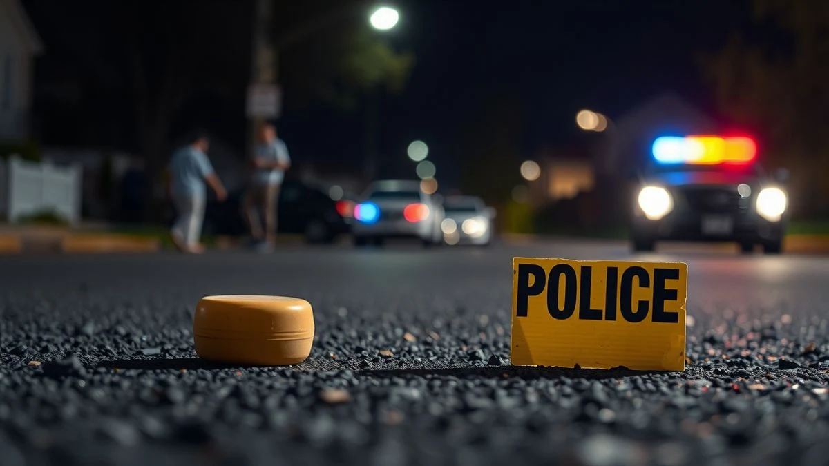 Illustrative image: detail of a police evidence sign on the asphalt, with blurred emergency lights in the background.