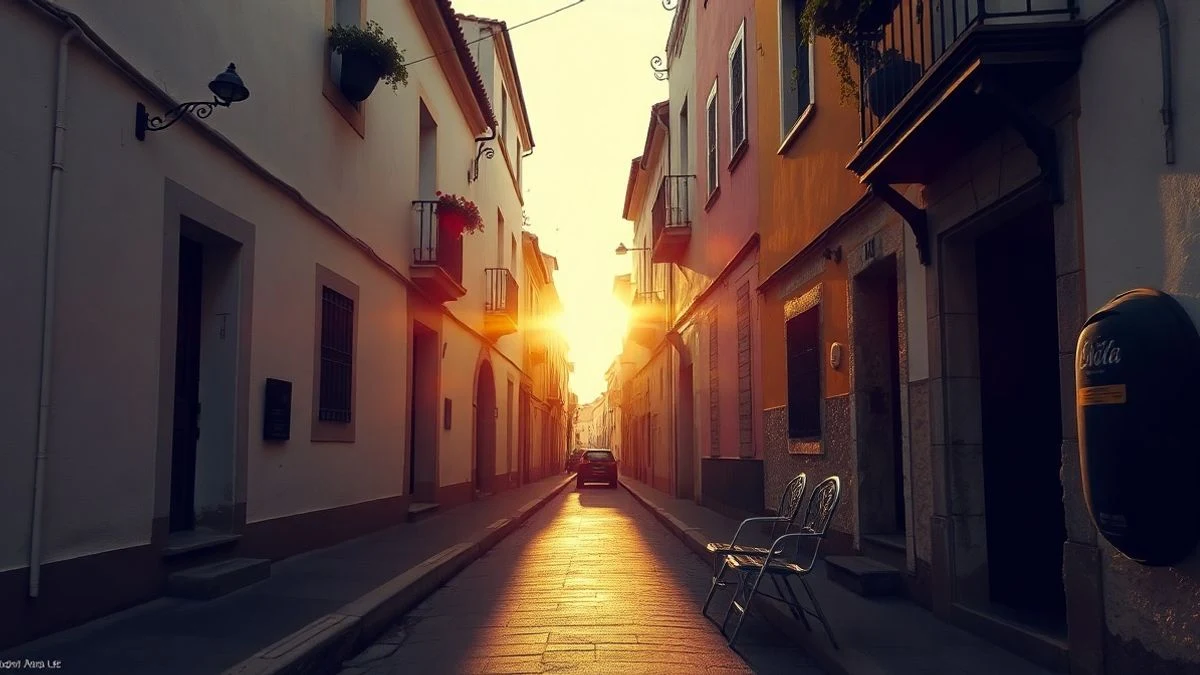 Imagen ilustrativa: calle andaluza al atardecer con sillas junto a la acera y sombras largas