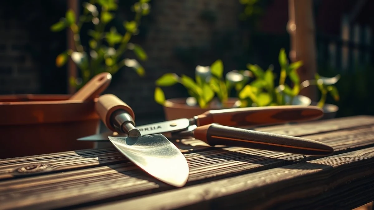 Imagen ilustrativa: herramientas de jardinería sobre un banco de madera, con plantas verdes al fondo desenfocadas.