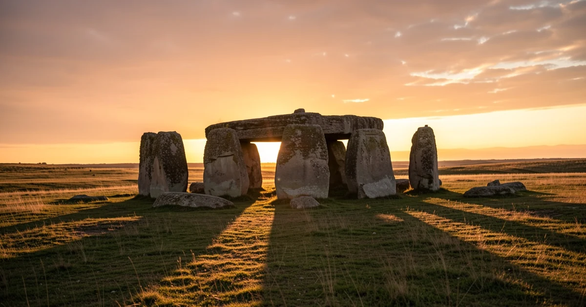 Dolmens of Antequera at sunset with golden light and elongated shadows