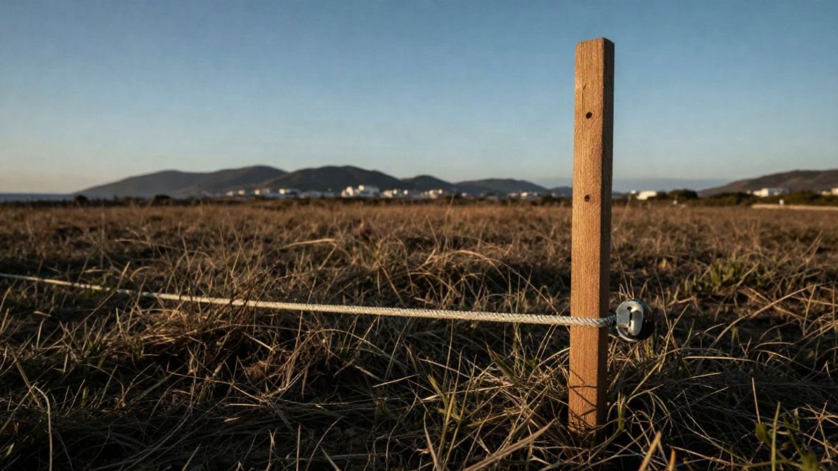 Imagen ilustrativa: ángulo bajo de un terreno sin urbanizar con estacas y cuerda de medición en primer plano