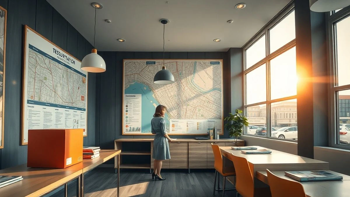 Imagen ilustrativa: interior de una oficina de turismo con mostrador y mapas en la pared, sin personas.