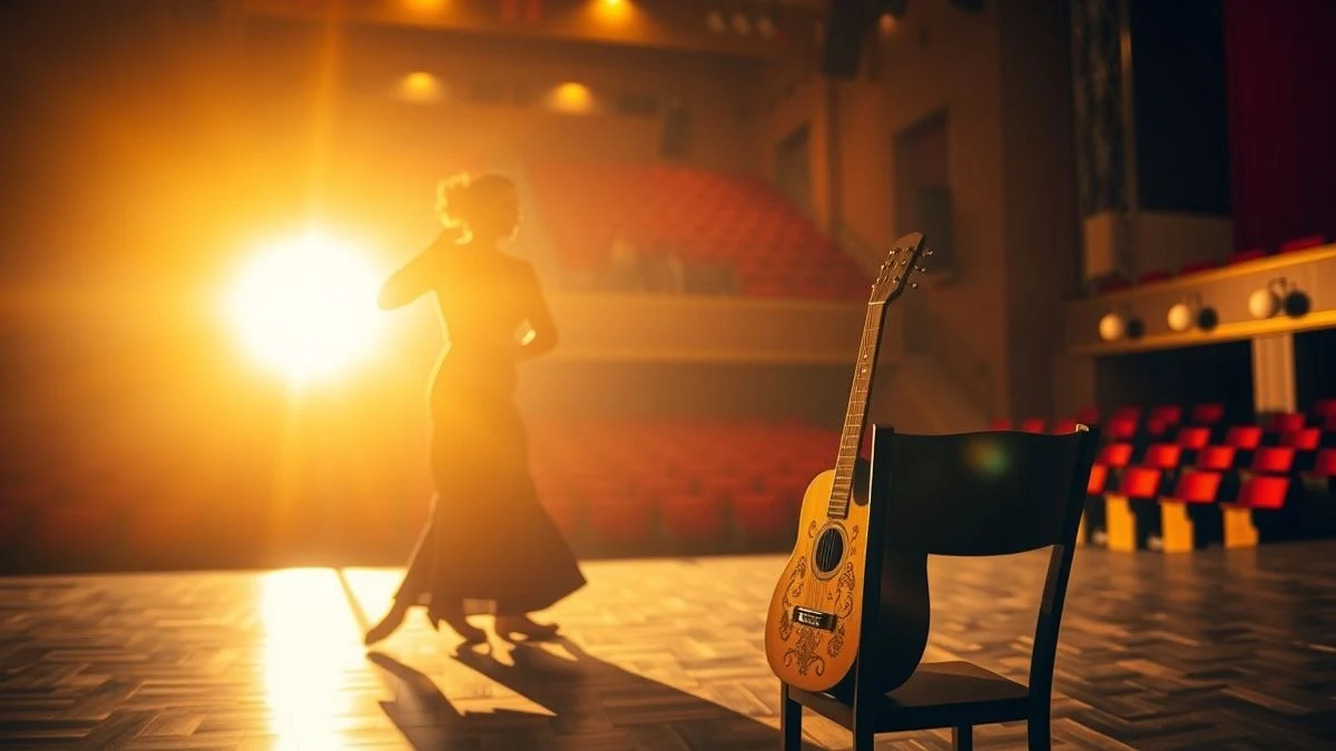 Silueta de bailarina folclórica al atardecer sobre un escenario con guitarra y castañuelas